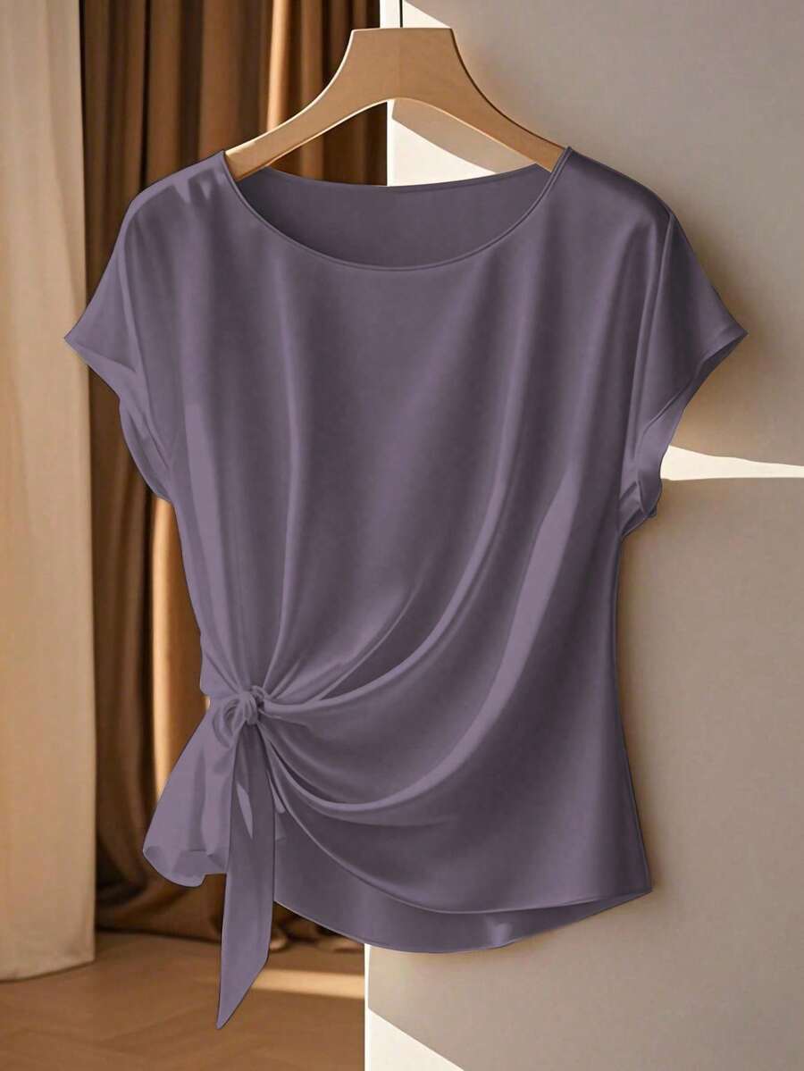 Franclia 优雅短袖圆领荷叶边蝴蝶结衬衫，卡其色，春夏