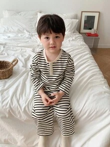 DAZY 2 件套幼儿男童韩版条纹长袖 T 恤和宽松裤子睡衣套装 - 杏色 - 查看 5