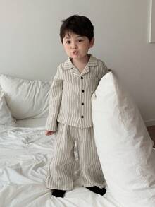 Hapijoa 两件套幼儿男童韩版条纹衬衫和宽松裤子睡衣套装 - 米色 - 查看 4