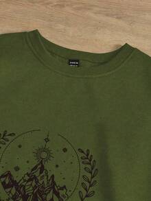 INAWLY 大码女式宽松图案印花圆领运动衫 - 軍綠色 - 查看 3