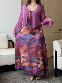 Flirla Conjunto de 2 piezas talla grande para mujer: Kimono con mangas acampanadas y lazo delantero en unicolor + Vestido camisero con estampado tie-dye, romántico - Multicolor - Ver 4