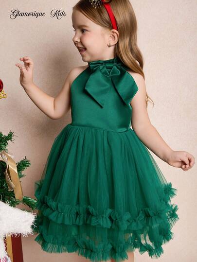 Girl's Princess Dress, Dark Green Satin, Dark Green Mesh Puffy Skirt, Bow Dress, Vacation, Partywear ,Valentine's Day,Birthday Dress, New Year's Day, Birthday Party, Wedding Festival Dress, Gorgeous Dress, Middle East, Europe And America