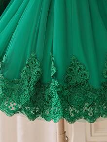 Glamorique Kids 圣诞节女婴连衣裙、冬季派对连衣裙、圣诞老人连衣裙、新年连衣裙、秋季连衣裙 - 女婴蕾丝网眼泡泡袖公主裙，背部饰有大蝴蝶结，翠绿色 - 綠色 - 查看 6