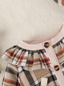Souflis Souflis Christmas Baby Girls' Colorblock Plaid Pattern Ruffle Hem Bow Decor Dress & Hat Set Fall Winter - Brown - View 5