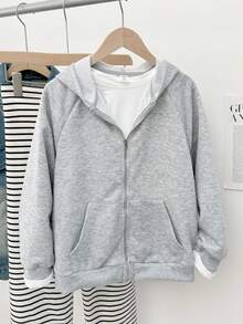 女童拉链口袋插肩袖休闲卫衣外套，适合周末、休闲外出、返校等场合，灰色儿童拉链卫衣，女童灰色卫衣，女童灰色拉链卫衣，秋冬季 - 淺灰色 - 查看 5