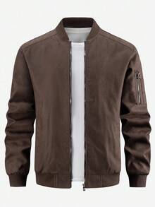 Manfinity Homme Men's Long Sleeve Casual Suede Zipper Front Casual Brown Bomber Jacket Fleece - Khaki - View 1