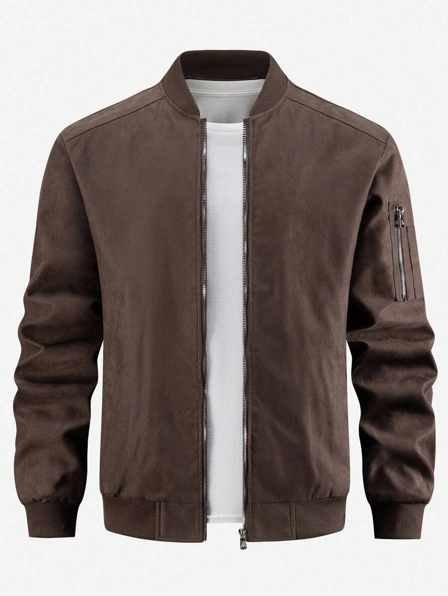 Manfinity Homme Men's Long Sleeve Casual Suede Zipper Front Casual Brown Bomber Jacket Fleece - Khaki - View 1