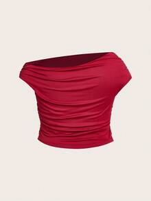 Sweetra Camiseta de manga corta con hombros descubiertos de unicolor para mujer de talla grande, top casual ajustado y sexy para el verano con hombros descubiertos - Multicolor - Ver 6