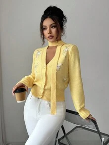 Elenzga 女款秋季優雅奶油黃V領亮片刺繡圖案修身針織開襟衫，附緞帶圍巾，適合精緻早午餐 - 黃色 - 查看 1