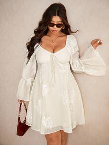 Elaquor Vestido de línea A con cuello de corazón y mangas farol, elegante y de talla grande, vestido para invitados de boda para mujeres - Albaricoque - Ver 1