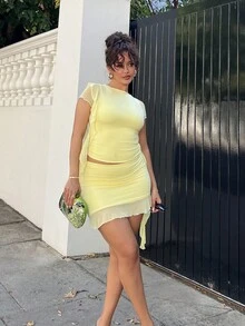 NegzBox 2 Pieces Sets Sexy Pink Color Asymmetrical Ruched Sheer Body Sets,Going Out Sets,Birthday Sets,Holiday Party Sets,Women Date Night Outfits,Concert Outfits,Graduation Dress,Street Style Sets, Women 2 Pieces Clothing Two Pieces Outfits For Women Woman 2 Pieces Outfits - Yellow - View 5