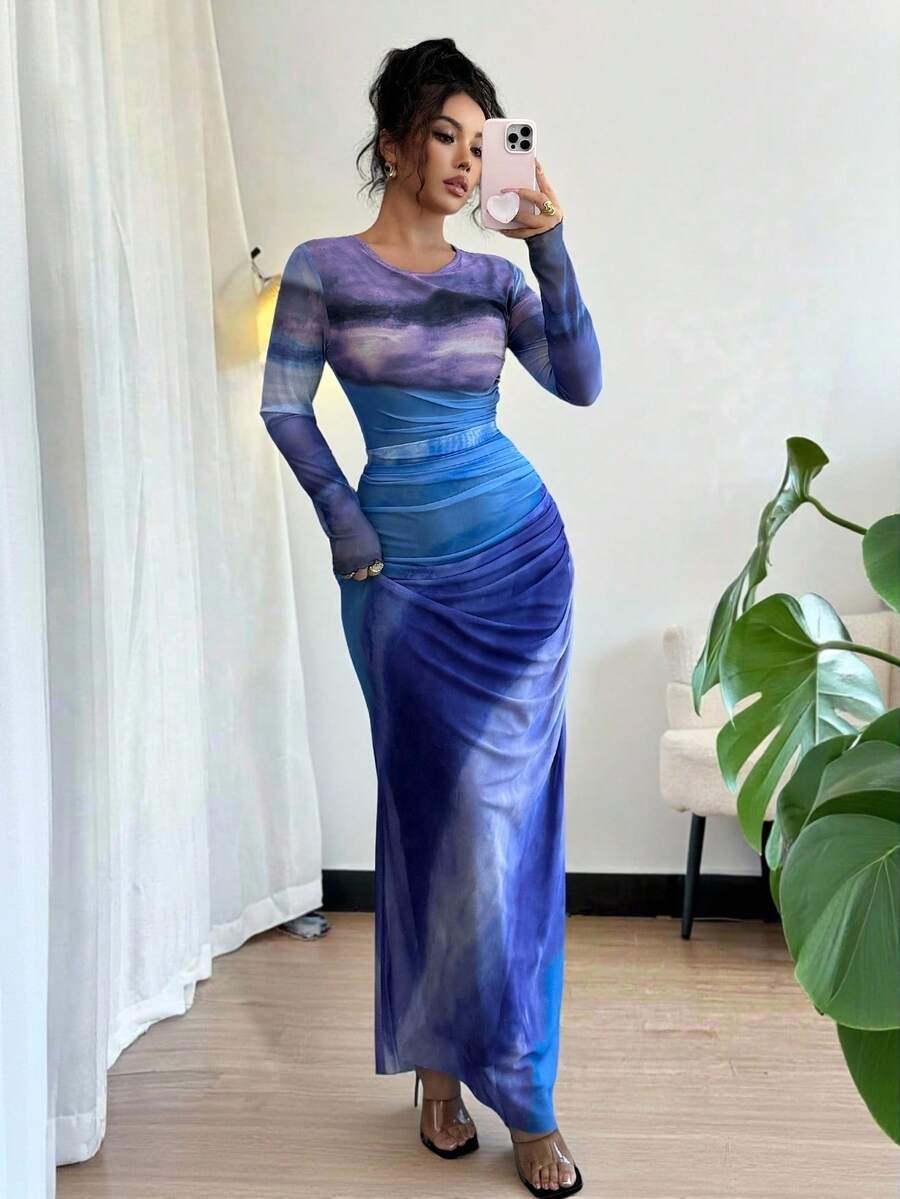 Rafferiza 女士渐变色印花圆领长袖连衣裙（女款） - 彩色 - 查看 1