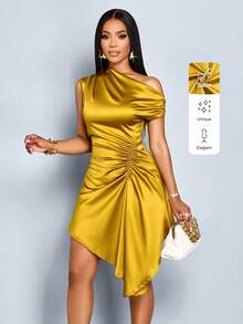 SOLERSUN Women's Elegant Solid Color Asymmetric Collar Side Drawstring Ruched Fashion Satin Dress - Mustard Yellow - View 1