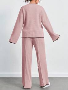 SHEIN Tall 落肩毛衣與針織長褲，適合秋冬季節，高個女性穿著 - 藕粉色 - 查看 2