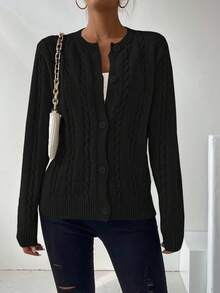 EMERY ROSE 女式秋季扭纹长袖单排扣休闲针织开衫 - 黑色 - 查看 5