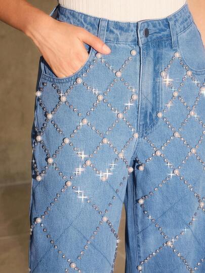 Anewsta 时尚缀饰串珠钻石牛仔裙，适合秋季、冬季、新年，优雅、别致、时尚，圣诞节、外出穿着皆宜