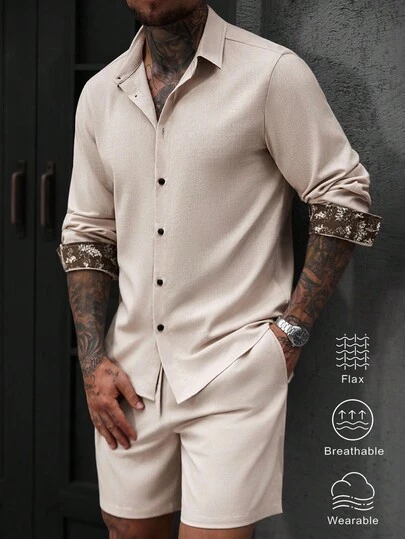 Manfinity Homme 男士夏季花卉拼布袖口单排扣衬衫和短裤休闲西装，秋季服装