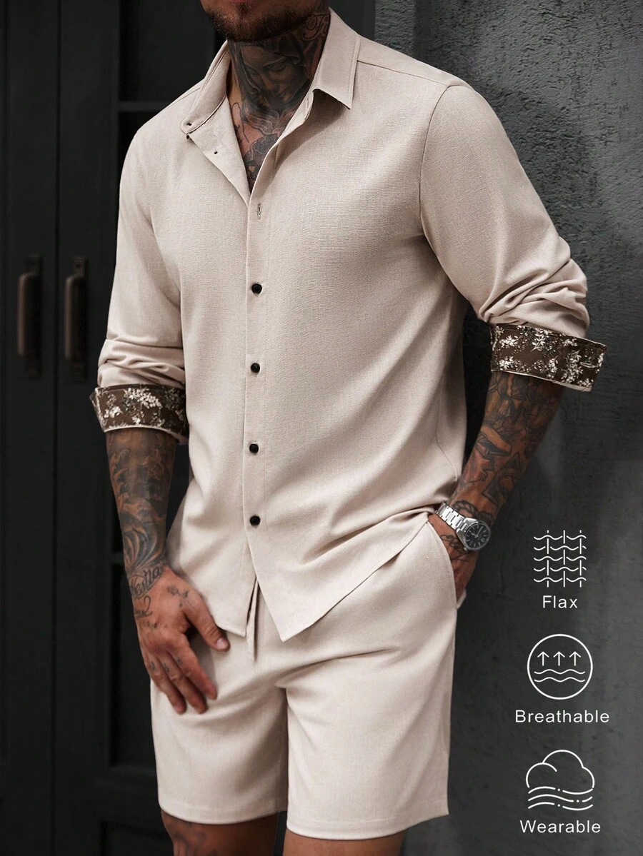 Manfinity Homme 男士夏季花卉拼布袖口单排扣衬衫和短裤休闲西装，秋季服装 - 米色 - 查看 1