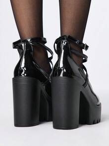 ROMWE Giày Mary Jane mũi kín quai chéo dành cho nữ, phong cách Punk Goth Rock, gót dày, quai, đồng phục JK Nhật Bản, đế chống thấm nước, giày cao gót công sở trang trọng - màu đen - Xem 5