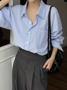 DAZY Áo sơ mi nữ dáng rộng kẻ sọc thường ngày đi học tay dài - trắng - Xem 5