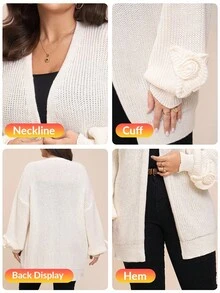 Comfylo 加大码纯色长款开衫夹克，袖口有 3d 花卉装饰，优雅长袖开衫优雅女士开衫休闲日常穿着，通勤简约办公室老款开衫，日常通勤和户外必备，海军蓝女士秋季服装女士冬季服装通勤，极简主义 - 杏色 - 查看 8