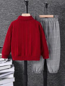 SHEIN 2 件套儿童男童休闲日常百搭舒适针织领长袖上衣和松紧腰格子梭织面料裤子运动服套装，适合学校、花园、海滩、生日、春季、夏季、秋季、冬季 - 彩色 - 查看 3