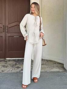 ZIRRA Women's Casual/Office Wear Solid Color Tie-Up Shirt And Pants 2 Pieces Set - Apricot - View 1