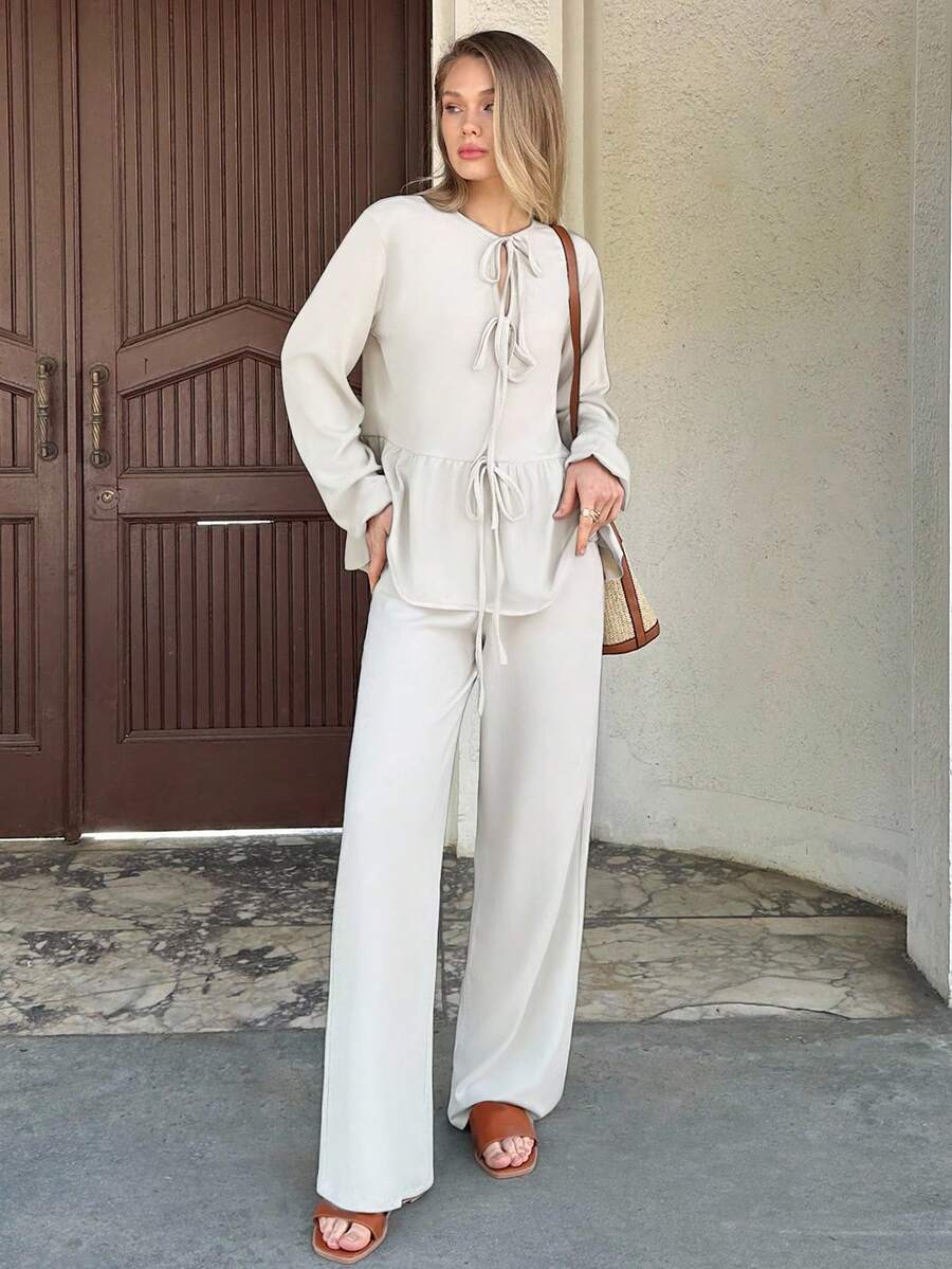 ZIRRA Women's Casual/Office Wear Solid Color Tie-Up Shirt And Pants 2 Pieces Set - Apricot - View 1