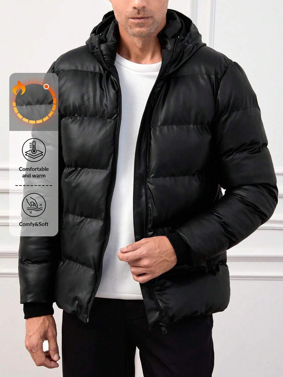 EURMUSE Men Zip Up Hooded Puffer Coat - Black - View 1