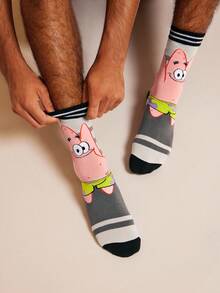 SpongeBob SquarePants | SHEIN 2 Pairs Cute Cartoon Men Soft & Breathable Moisture-Wicking Mid-Calf Socks Fashionable Casual Crew Socks Reinforced Toe & Heel Durability Unisex All Season All-Match Summer Winter,Patrick