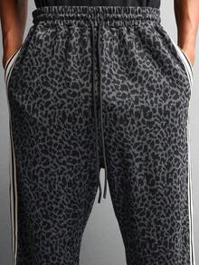 SUMWON Leopard Print Drawstring Wide Leg Sweatpants With Side Stripe Detail Loose Fit Casual Streetwear Relaxed Lounge Pants Autumn Winter Collection - Dark Grey - View 6