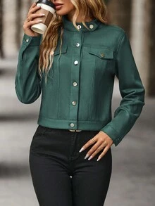 EMERY ROSE 休闲纯色短款夹克，适合秋季穿着 - 水鴨藍 - 查看 5