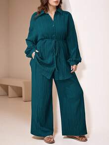 Veilorie 2pcs Plus Size Casual Solid Color Textured Long Sleeve Shirt And Pants Set, Autumn 2 Pieces Set - Teal Blue - View 1