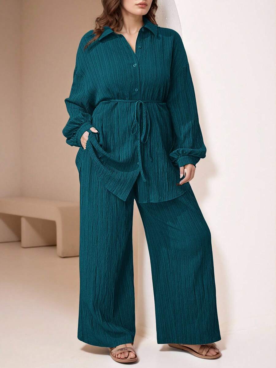 Veilorie 2pcs Plus Size Casual Solid Color Textured Long Sleeve Shirt And Pants Set, Autumn 2 Pieces Set - Teal Blue - View 1