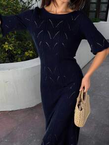 EURMUSE 女士夏季镂空驼色沙滩装连衣裙 - 藏蓝色 - 查看 1