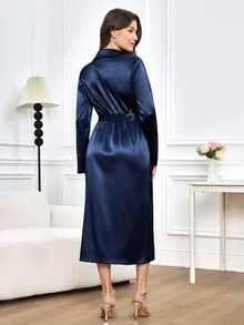 Miaspire Elegant Women's Navy Blue Satin Dress,Autumn Lapel Wrap Wedding Guest Dress With Metal Buckle Belt,High-End Chic Shiny Fabric Party Dining Dress - Navy Blue - View 5