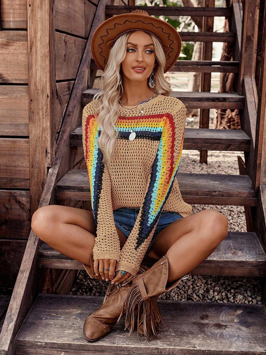 LanaWest Áo len dệt kim kiểu nông thôn họa tiết sọc khối màu dành cho nữ - Màu Khaki - Xem 1