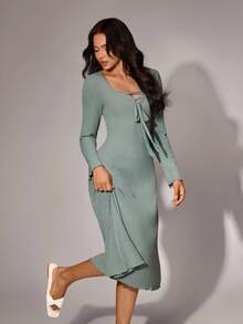 SHEIN Women's Casual Solid Color Long Sleeve V-Neck Tie Decor Fitted Long Nightgown Pregnancy Dress Pregnancy Clothing Maternity Dress For Photoshoot Maternity Dress Lounge Dress Cozy And Elegant Details, Fall