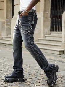 ROMWE MEN Street Life Men Slant Pocket Jeans Without Belt - Black - View 3