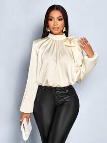 SOLERSUN Damen Mode Temperament elegante Satin einfarbige hochwertige Schleife Tasche Saum Laternenhülse Bluse - Champagnerfarben - Übersicht 3
