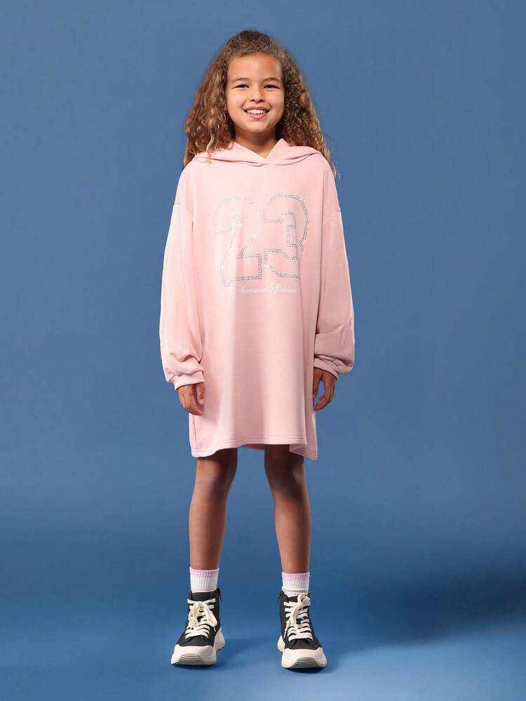 Oversized Pink Hoodie Dress With Rhinestone Print