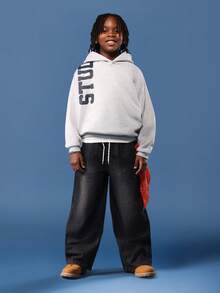 SUMWON 棉质青少年男童阔腿牛仔裤滑板风格经典原色牛仔宽松版型街头潮流休闲宽松裤四季日常下装宽松剪裁 - 黑色 - 查看 3