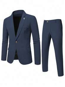 Calvornis 男士休闲商务两件套西装，纯色西装套装夹克和裤子，简约时尚休闲日常穿着婚礼西装舞会西装男士，适合情人节周年纪念日等场合，是送给男朋友或丈夫的绝佳礼物。 - 藏蓝色 - 查看 6