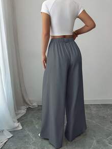 Elenzga 休闲高腰纯色杏色裤裙，优雅款式，适合日常和工作穿着，毕业季，复古音乐节，德比，独立日 - 灰色 - 查看 2