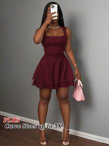 Slaydiva 2026春夏新款休闲度假浪漫基础款街头日常性感优雅通勤派对夜店俱乐部纯白无袖层叠迷你连衣裙，女士大码连衣裙 - 酒紅色 - 查看 1