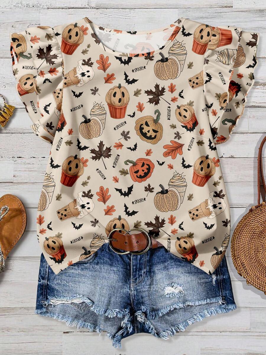 EMERY ROSE Blusa suelta de manga corta y cuello redondo, de estilo retro elegante y casual, con estampado retro de fantasmas, murciélagos y calabazas, ideal para días festivos y de vacaciones, en tela de imitación de lana, para tallas grandes de mujer - Multicolor - Ver 1