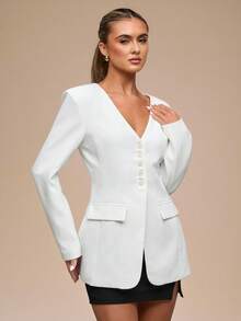 SHEIN BAE Damen Mode Slim Fit Blazer Jacke mit tiefem V-Ausschnitt - Weiss - Übersicht 7