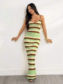 SHEIN PETITE Đầm dệt kim mới dành cho nữ, đầm móc với cổ yếm chéo và lưng hở, đầm kẻ sọc phong cách bohemian, đầm đi nghỉ mát, đầm thanh lịch dành cho nữ mùa thu/đông. - Nhiều màu - Xem 4