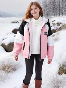 女童休闲连帽长袖保暖拉链外套，适合秋冬季节日常穿着、上学、户外活动、街头穿搭。