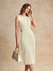 House of One Pleats Solid Woven Midi Dress With Metal Buckle Women Summer Autumn Elegant Casual Dress